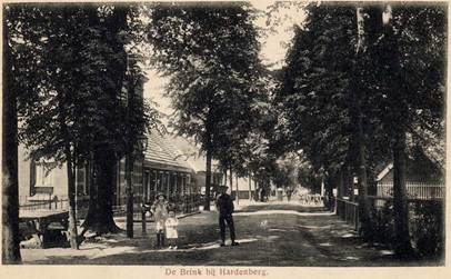 <p>Overzicht van De Brink omstreeks 1910-1930, gefotografeerd vanuit de Vechtbrug. Links het notariskantoor (beeldbank archief Hardenberg). </p>
